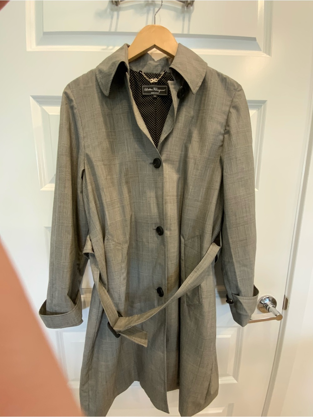 Authentic Salvatore Ferragamo Plaid Trench Coat w/Black Polka Dot Lining Sz 40